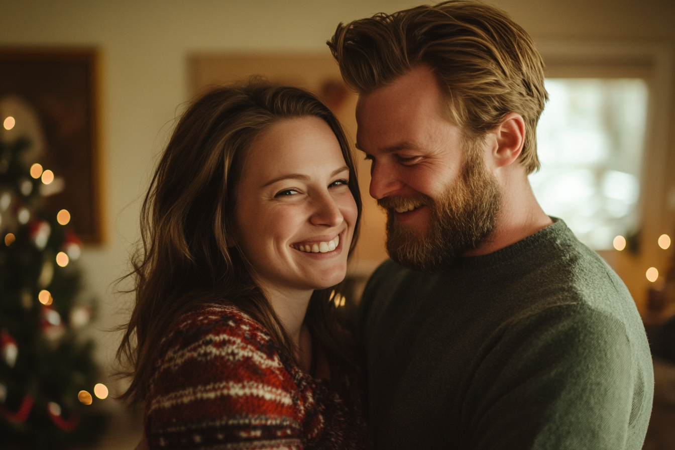 A woman with a mischievous smile addressing her husband | Source: Midjourney