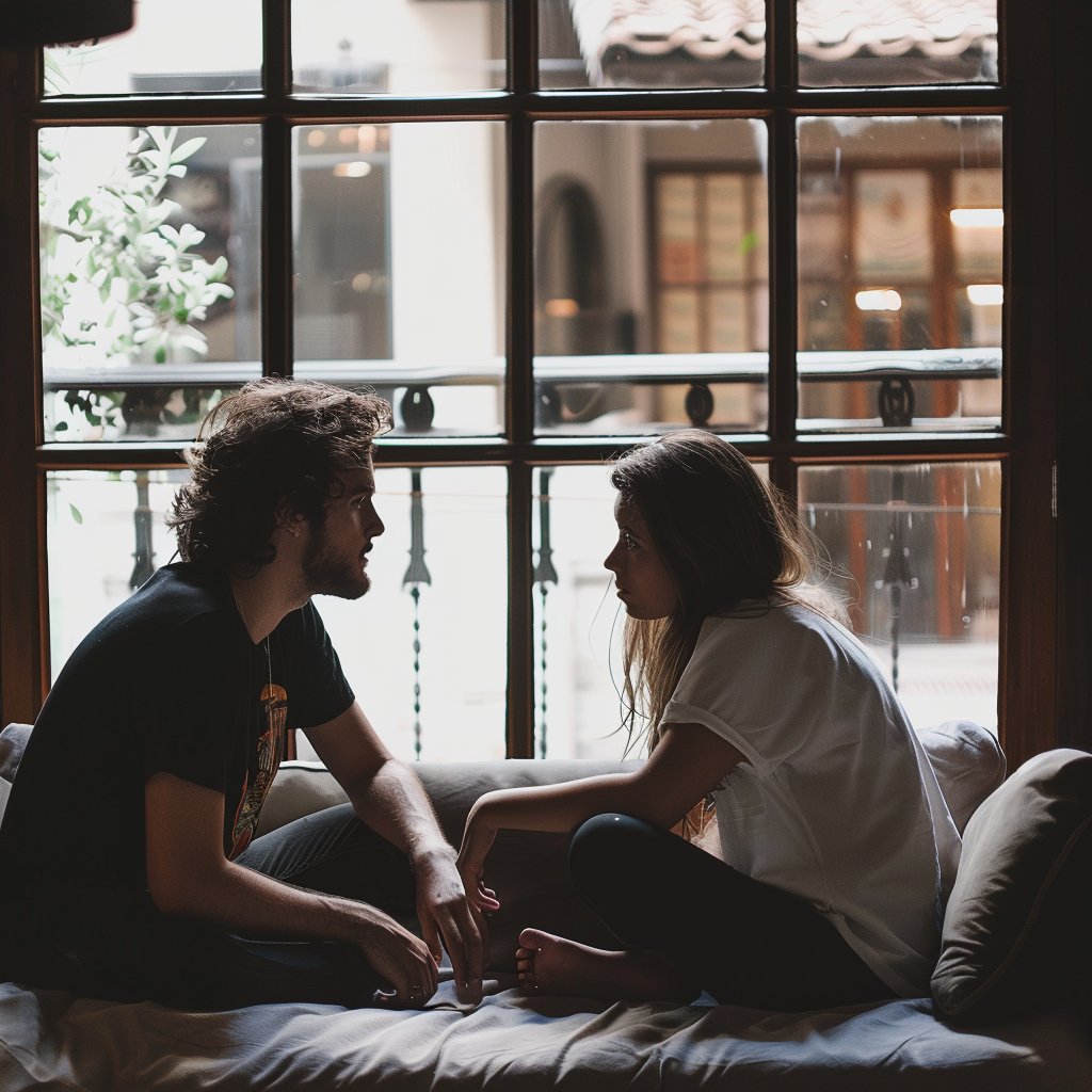 Un couple assis sur un canapé et discutant | Source : Midjourney