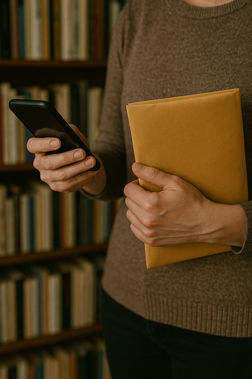 Une femme tenant un téléphone dans une main et une enveloppe dans l'autre | Source : DALL-E