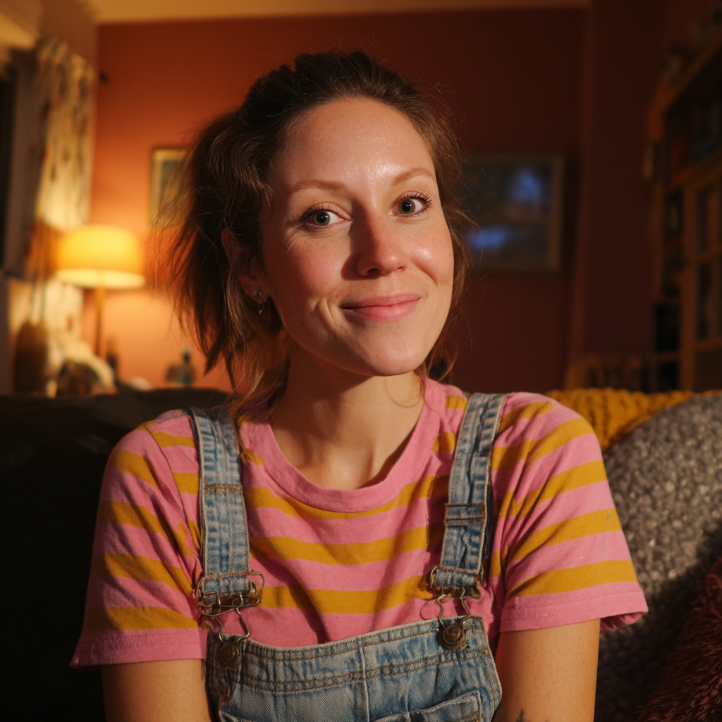 Une femme souriante assise sur un canapé | Source : Midjourney
