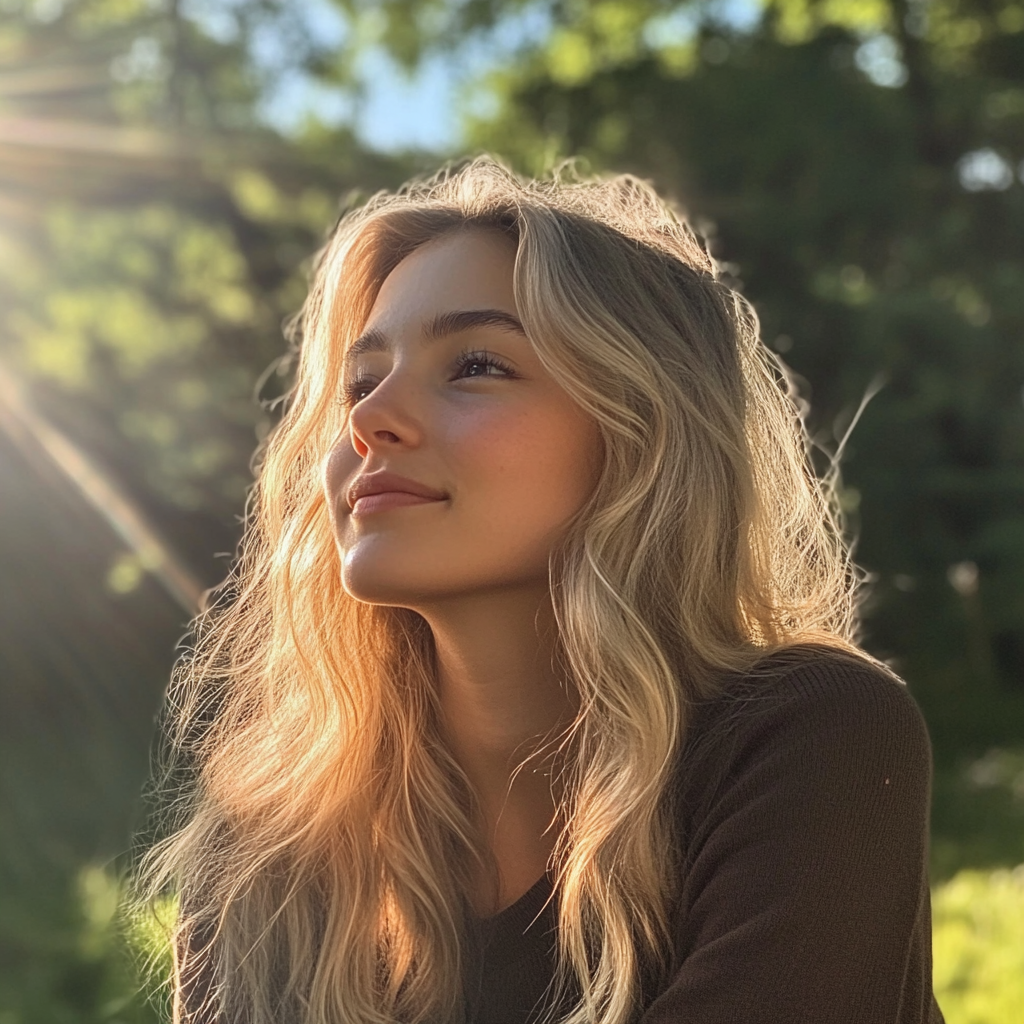 Une femme souriante qui rêvasse | Source : Midjourney