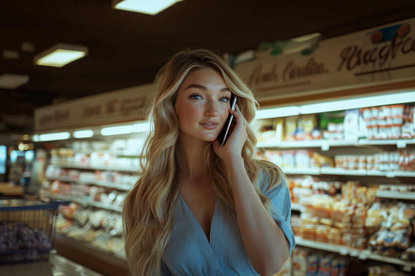 Une femme dans une épicerie qui parle au téléphone | Source : Midjourney