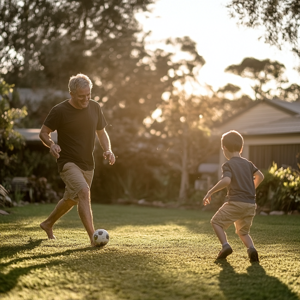 Un père et son fils jouant avec un ballon | Source : Midjourney