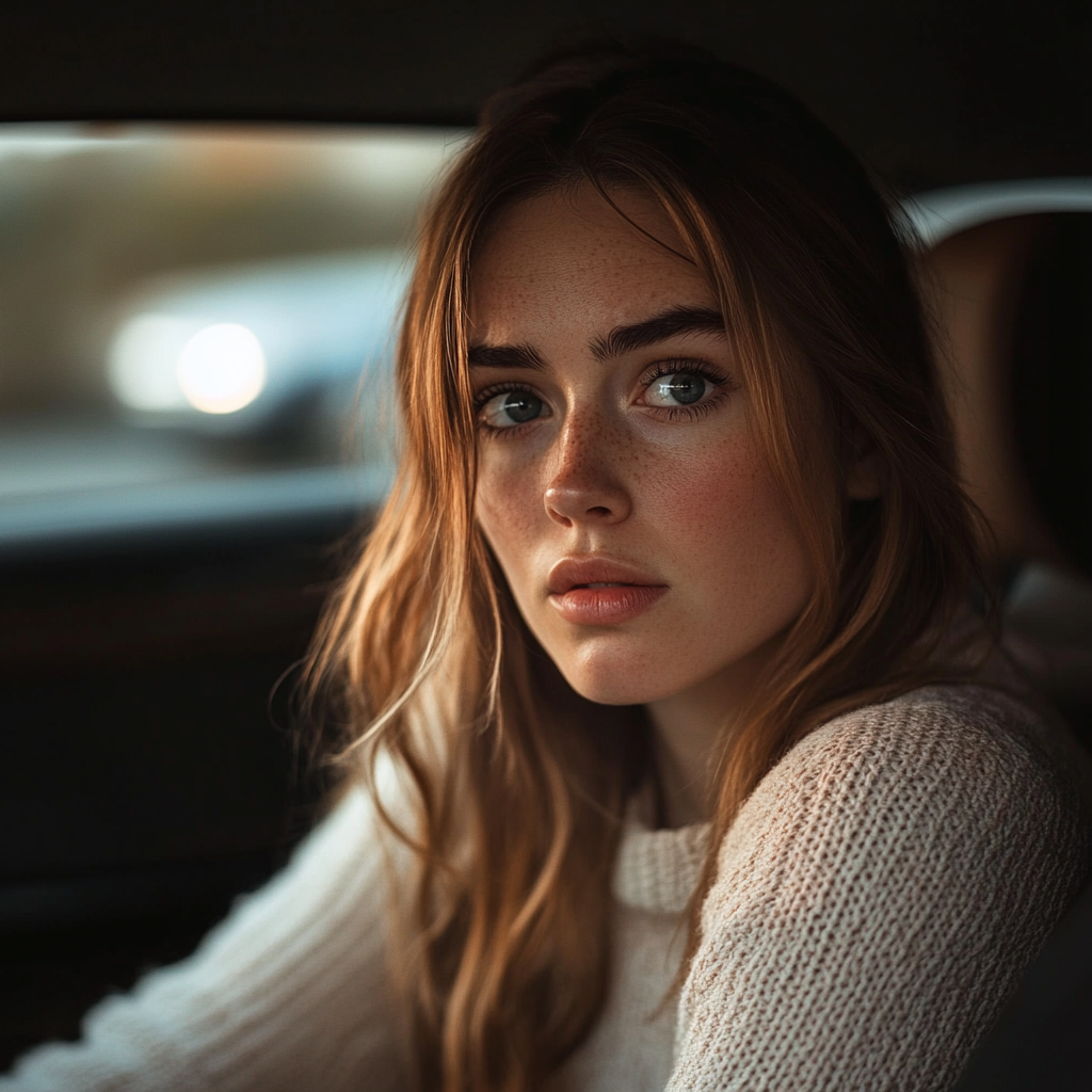 Une femme assise dans une voiture qui regarde quelque chose | Source : Midjourney