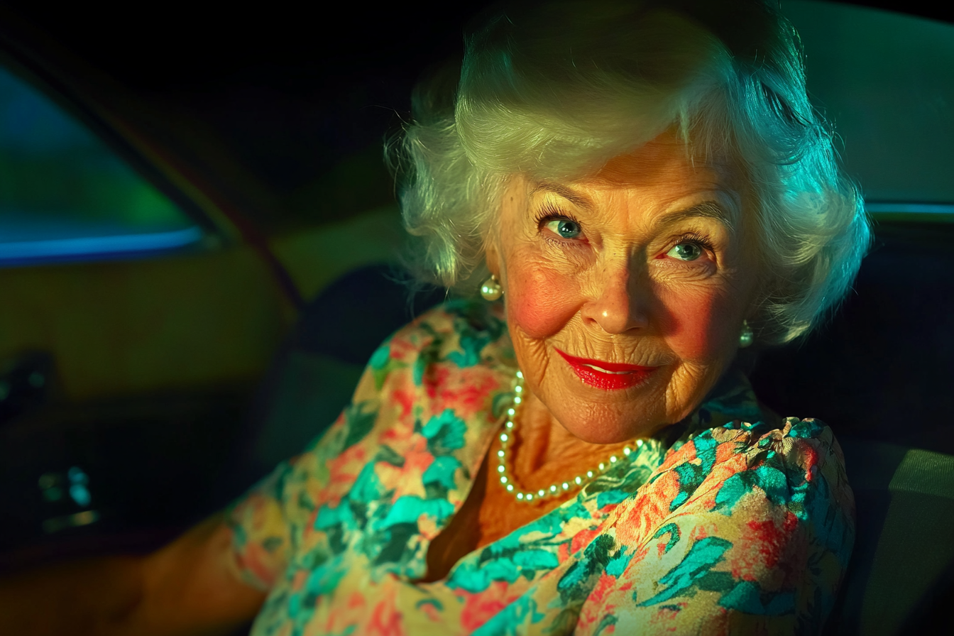 Une femme qui sourit en regardant par la fenêtre d'une voiture | Source : Midjourney