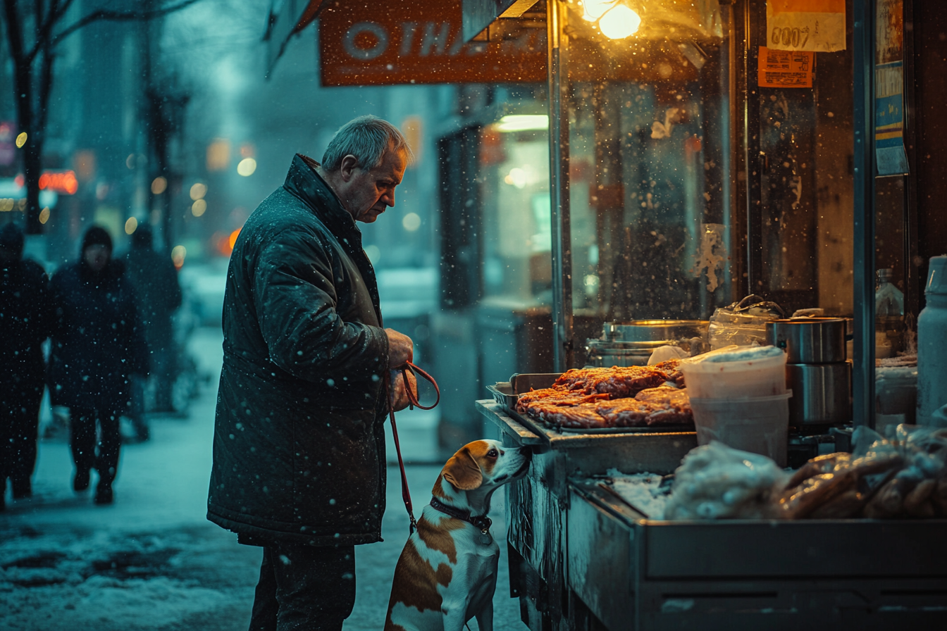 Homme sans abri avec un chien devant un stand de shawarma par un jour de neige | Source : Midjourney