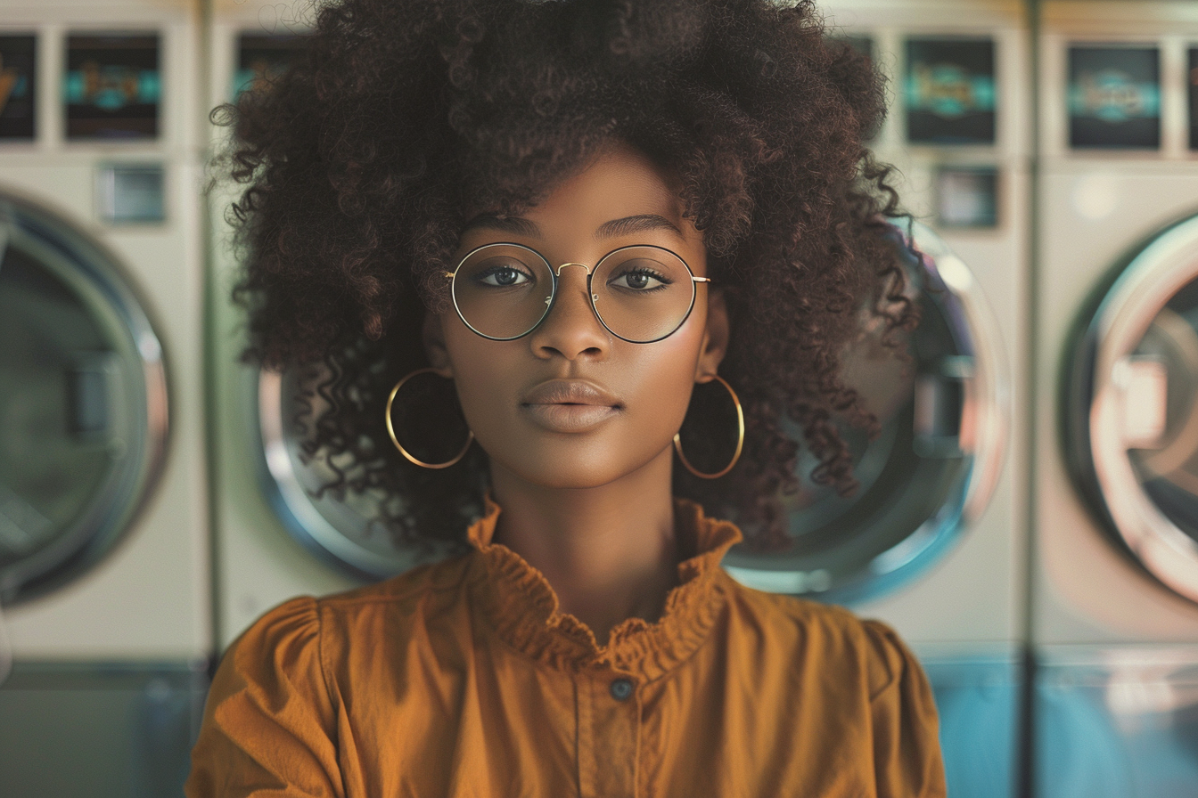 Jeune femme dans une laverie automatique | Source : Midjourney