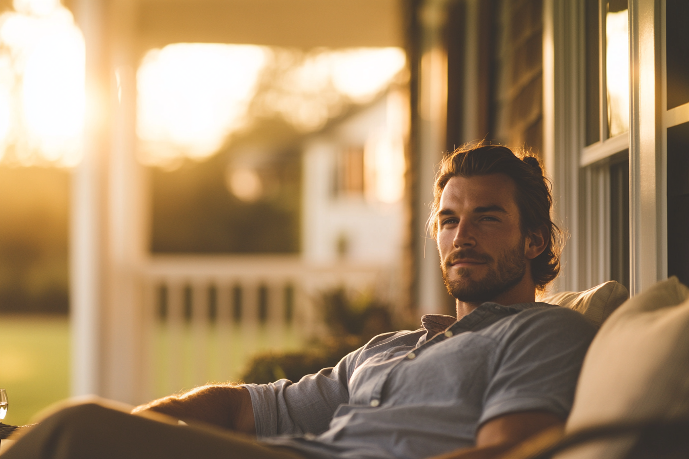 Un homme est assis sous un porche, l'air curieux | Source : Midjourney