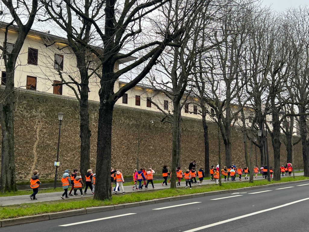 Enfants d'une école maternelle avec des gilets orange lors d'une sortie scolaire. | Source : Getty Images