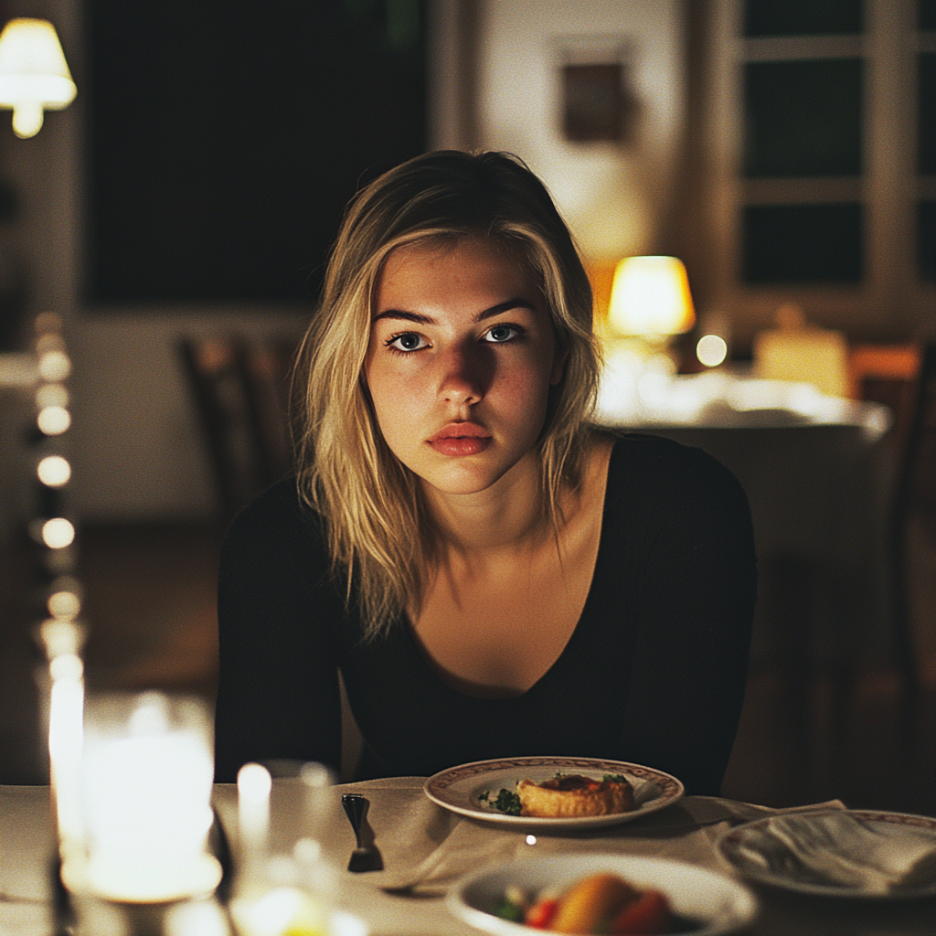 Une femme sérieuse à table | Source : Midjourney