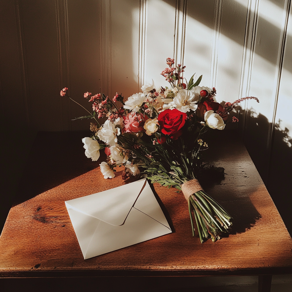 Une enveloppe et un bouquet de fleurs | Source : Midjourney