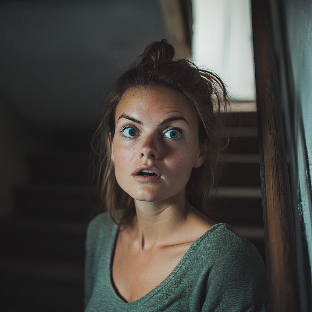 Une femme stupéfaite debout sur l'escalier dans le sous-sol d'un vieux bâtiment | Source : Midjourney