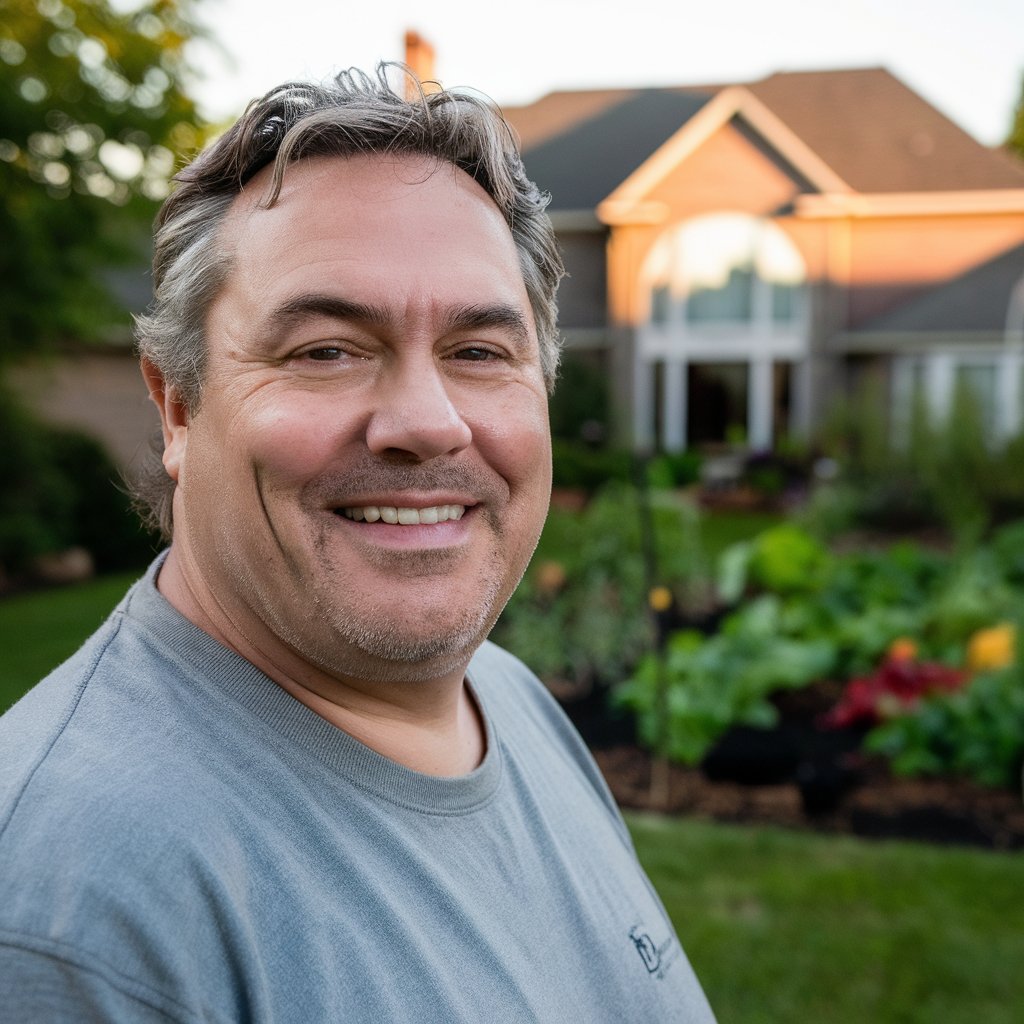 Un homme affichant un sourire confiant dans un jardin luxuriant | Source : Midjourney