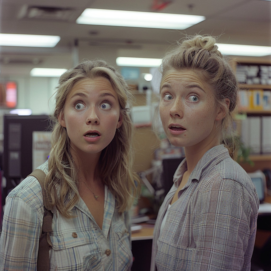 Deux femmes réagissant sous le choc après une rencontre au bureau | Source : Midjourney