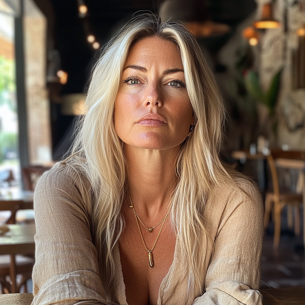 Une femme contrariée portant un chemisier bronzé | Source : Midjourney