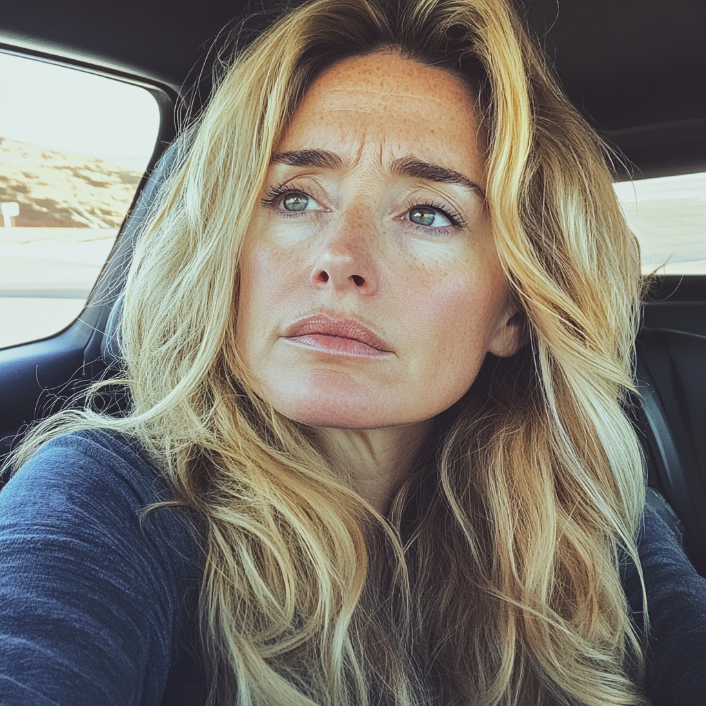 Une femme inquiète assise dans une voiture | Source : Midjourney
