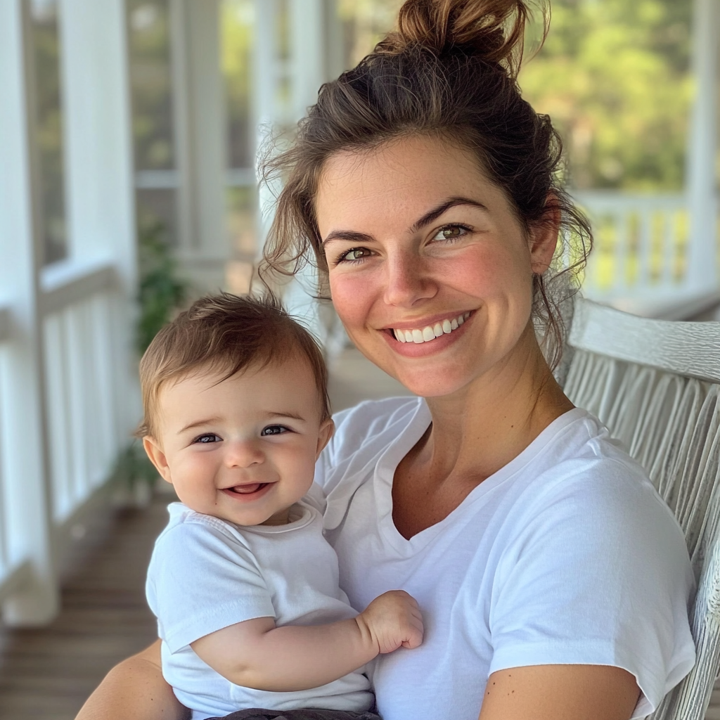 Une femme souriante tenant un bébé heureux | Source : Midjourney