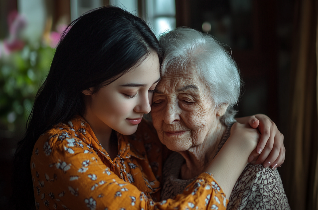 Une femme serrant sa grand-mère dans ses bras | Source : Midjourney