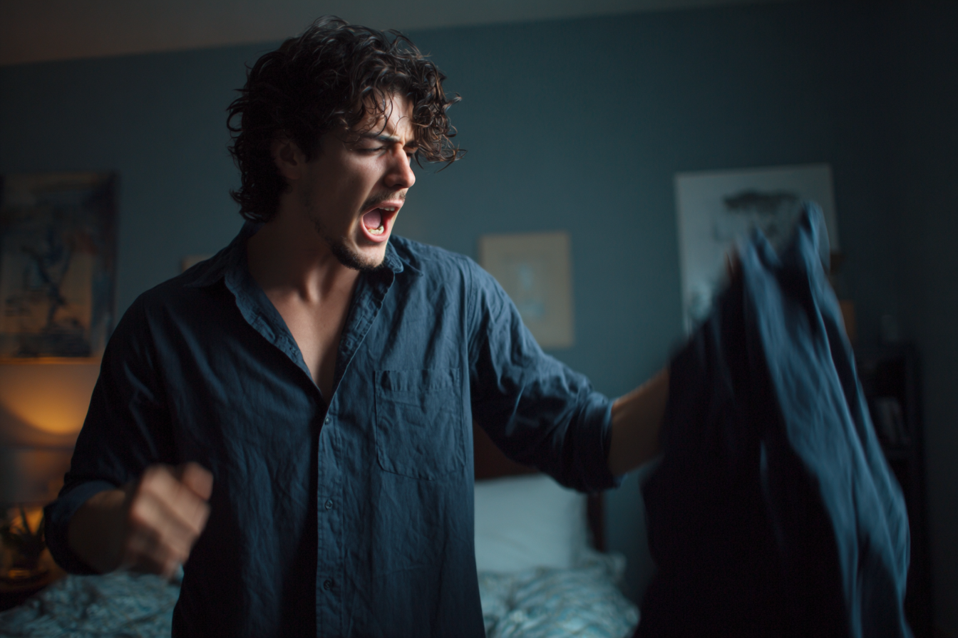 Un homme en colère agrippé à une chemise | Source : Midjourney