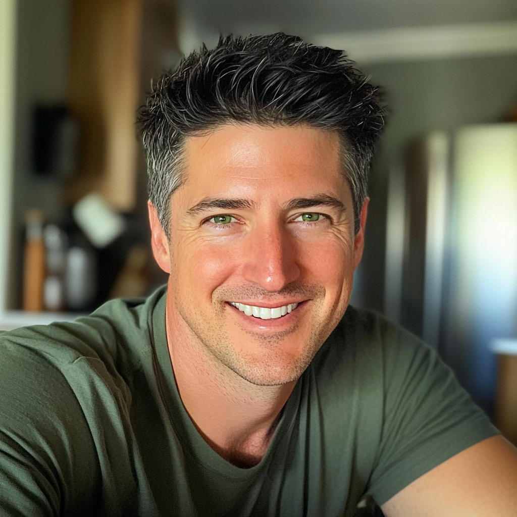 Un homme souriant assis à une table de cuisine | Source : Midjourney