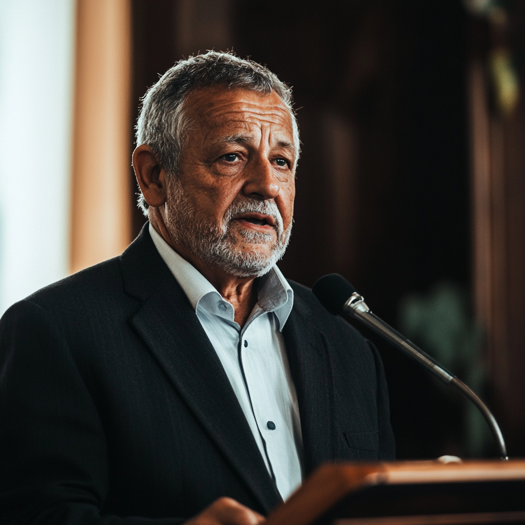 Homme âgé prononçant un discours lors d'un enterrement | Source : Midjourney