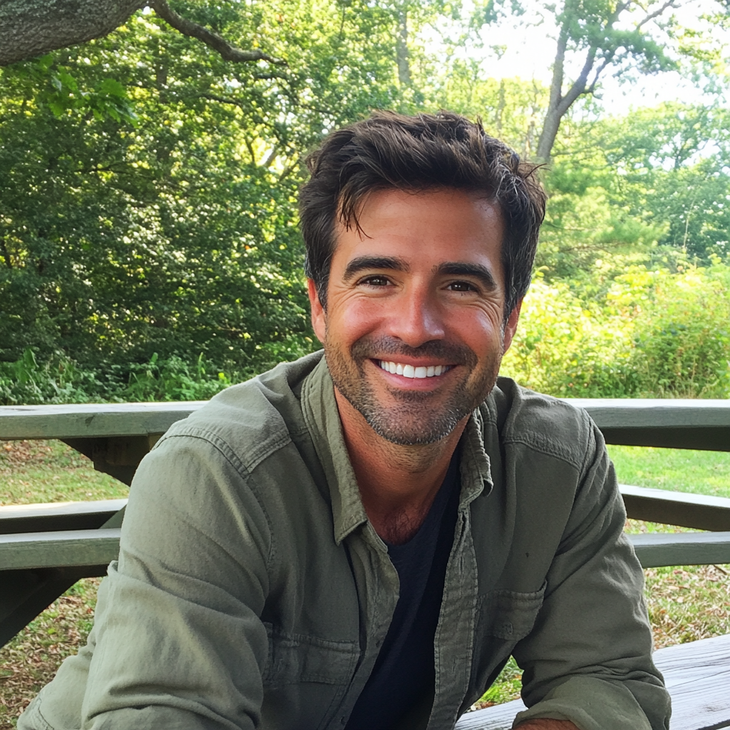 Un homme souriant assis à l'extérieur | Source : Midjourney