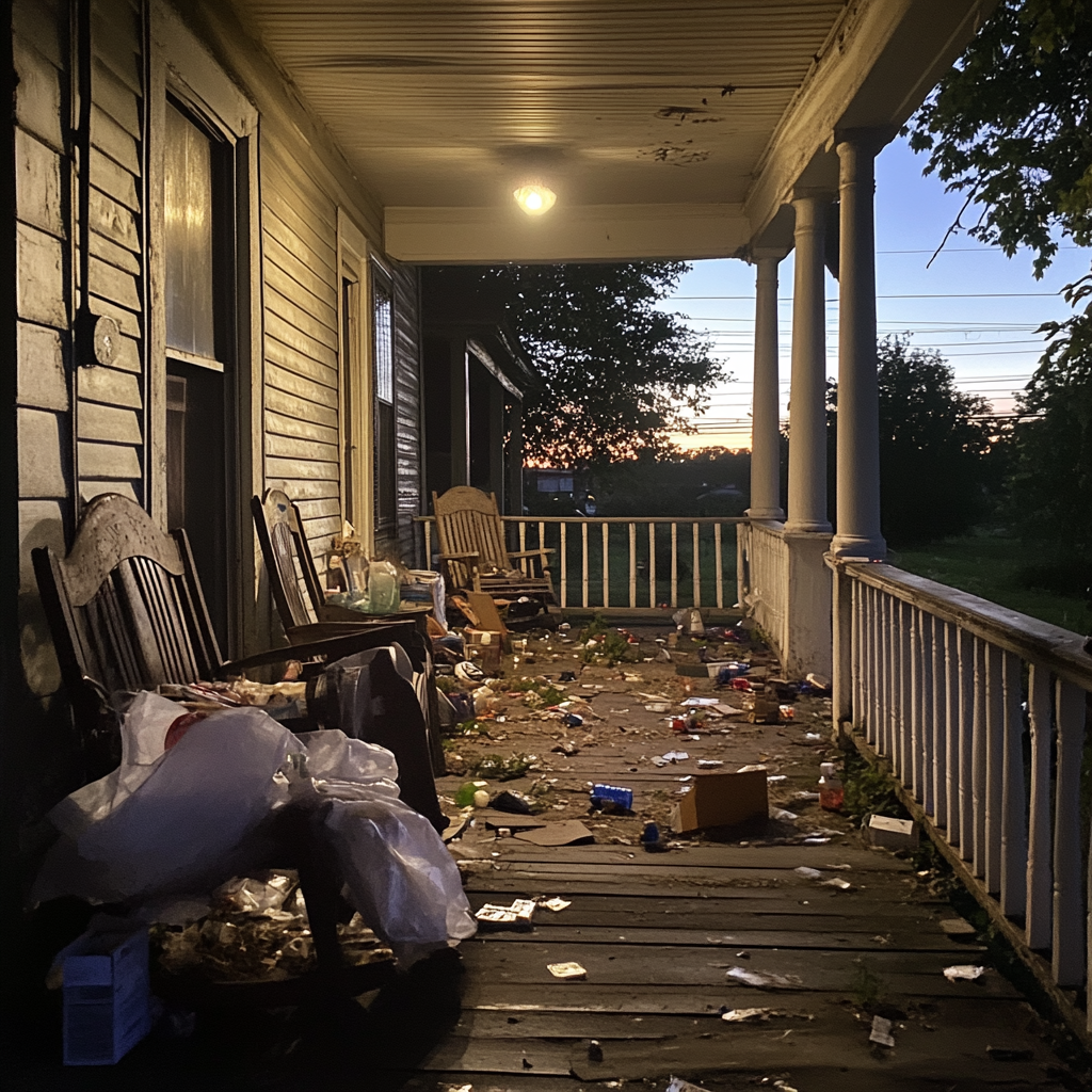 A porch littered with trash | Source: Midjourney