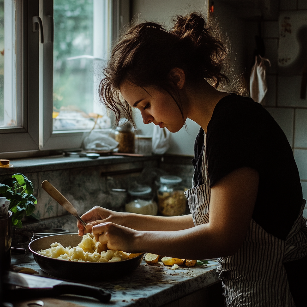 Une femme travaillant sur de la purée de pommes de terre | Source : Midjourney