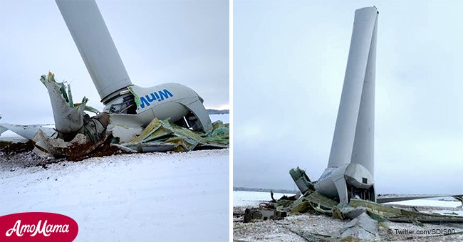 Accident rare dans l'Oise: les photos d'une éolienne cassée en deux à Campeaux