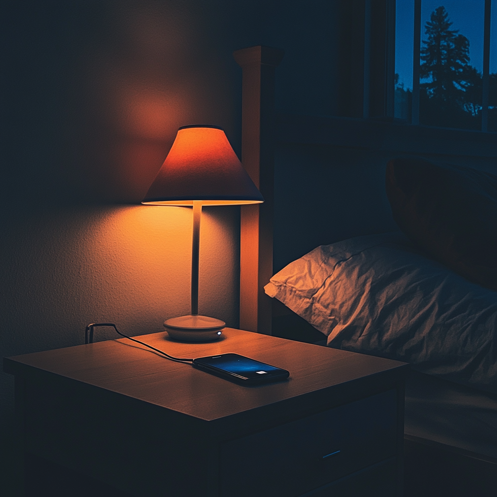 Un téléphone branché et en charge sur une table de nuit | Source : Midjourney