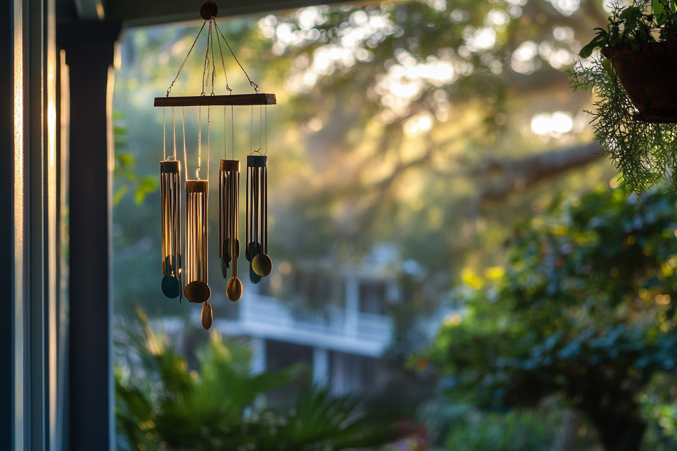 Wind chimes hanging from a porch | Source: Midjourney