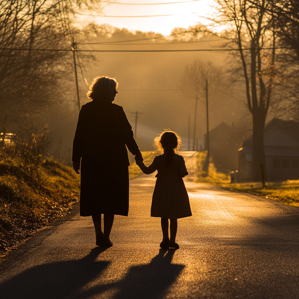 Silhouette d'une petite fille marchant sur la route avec sa grand-mère | Source : Midjourney