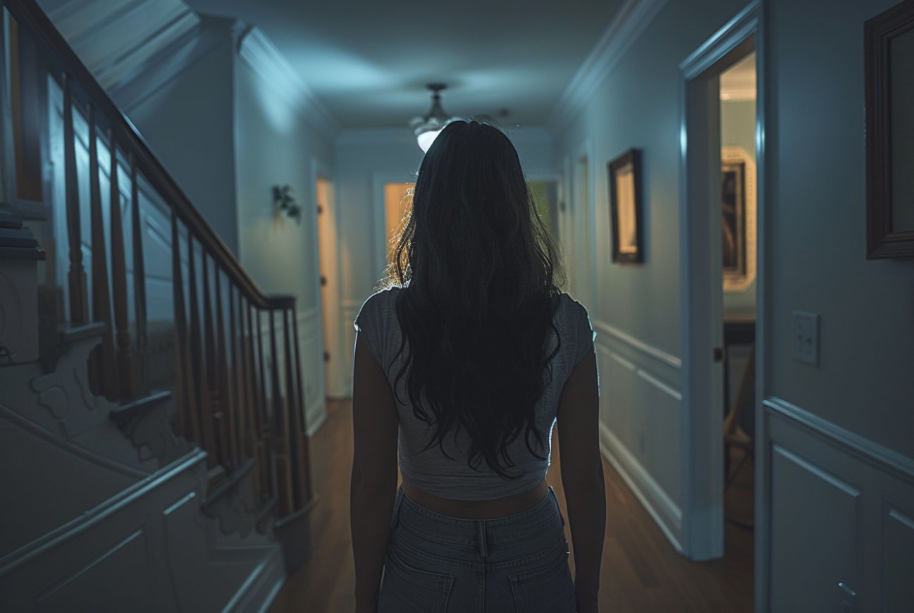 Une femme debout dans un couloir pendant la nuit | Source : Midjourney