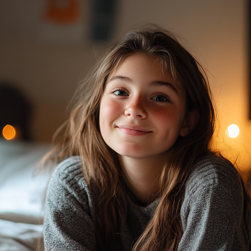 Une jeune fille souriante assise dans sa chambre | Source : Midjourney