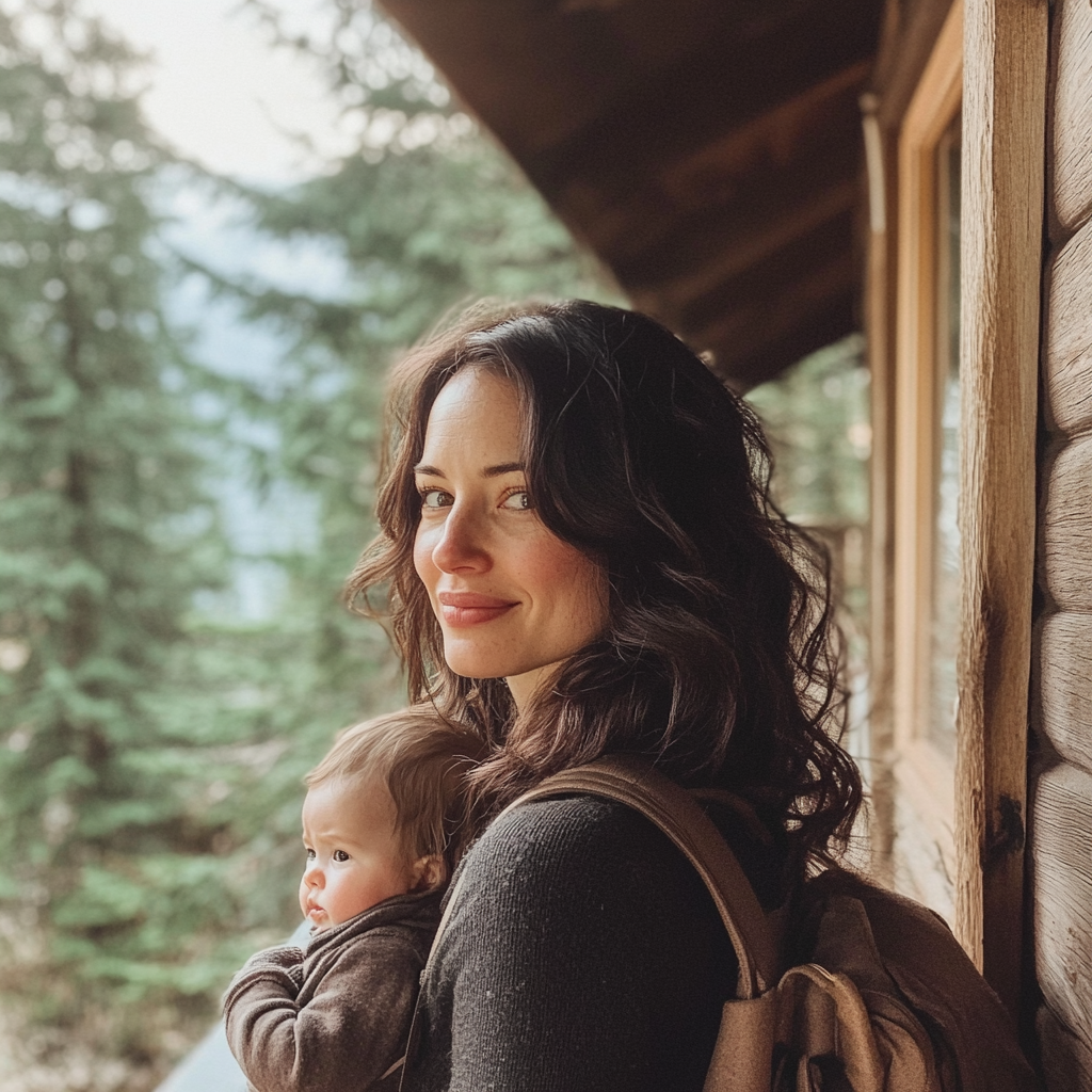 Une femme se tenant à l'extérieur d'une cabane avec son bébé | Source : Midjourney