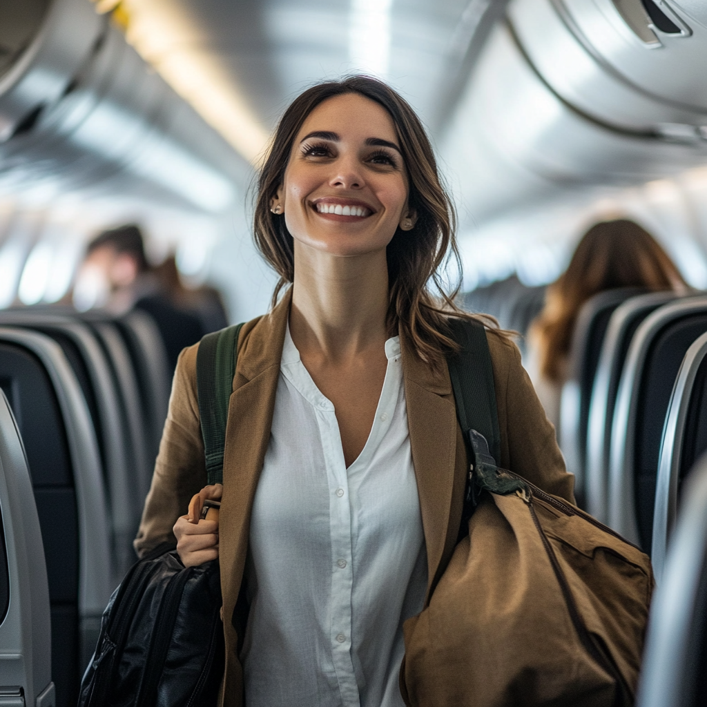 La femme marche dans l'allée de l'avion avec un sourire satisfait. | Source : Midjourney