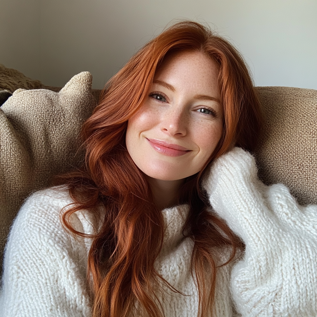 Une femme souriante assise sur un canapé | Source : Midjourney