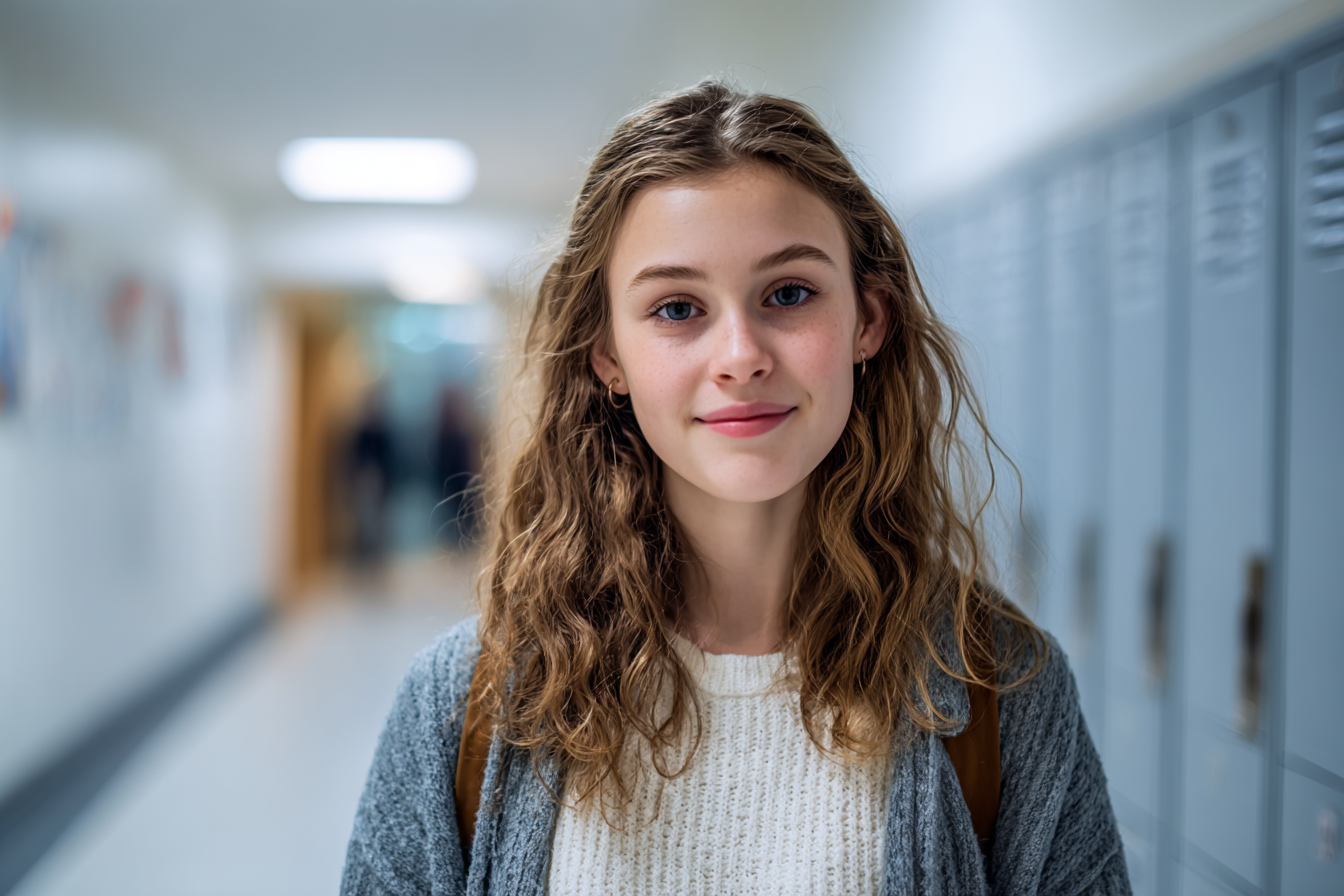 Une fille debout dans son école | Source : Midjourney