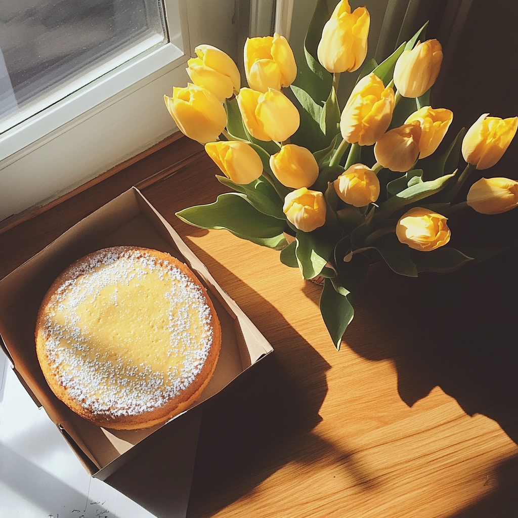 A cake in a box and a vase of tulips | Source: Midjourney