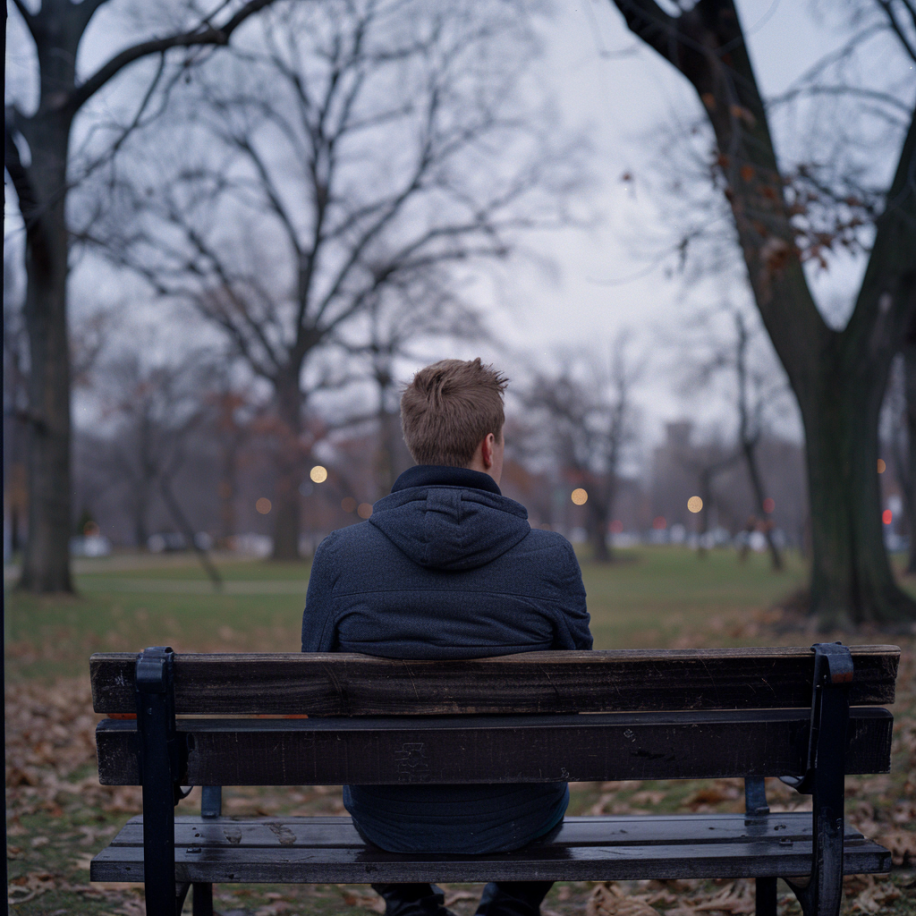 Vue de dos d'un homme assis seul sur un banc | Source : Midjourney