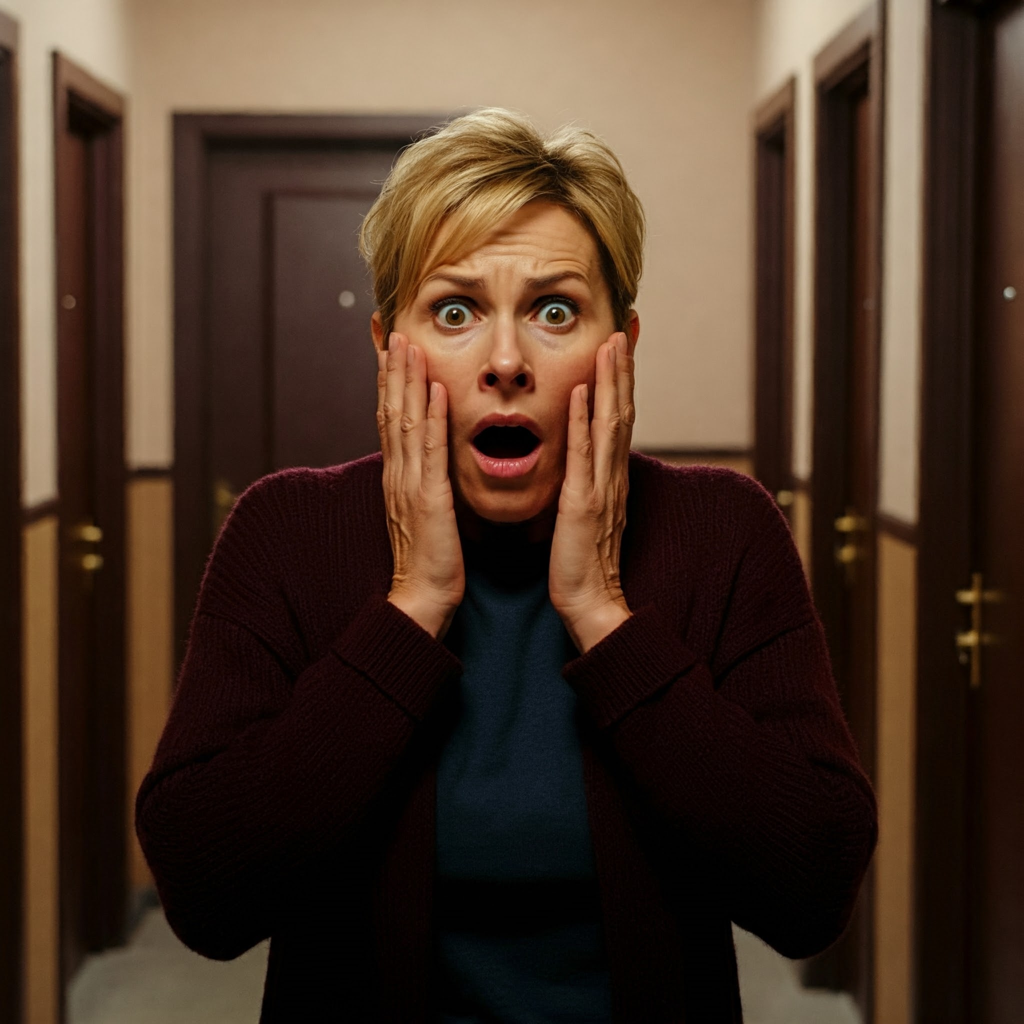 Une femme choquée dans un couloir