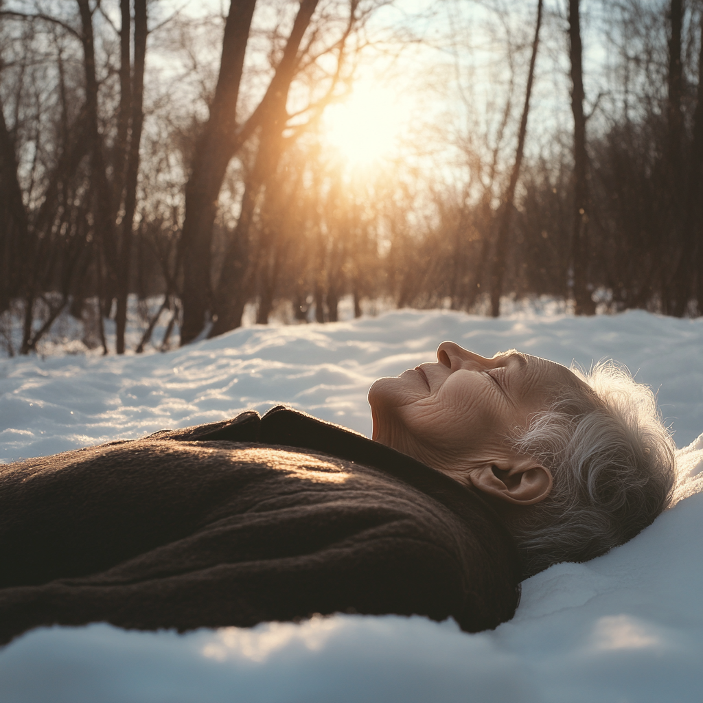 Une personne âgée allongée sur la neige par un matin glacial | Source : Midjourney