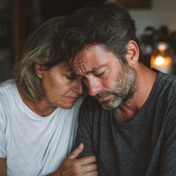Un couple se réconforte mutuellement | Source : Midjourney