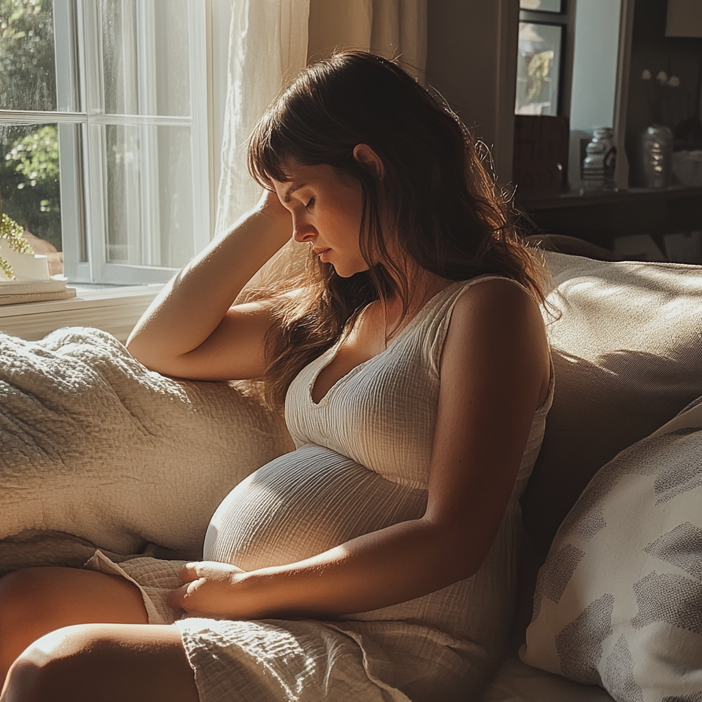 Une femme assise sur un canapé et se tenant le ventre | Source : Midjourney