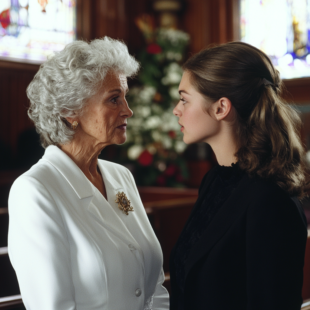 Une femme âgée et une jeune femme discutent lors d'un enterrement | Source : Midjourney