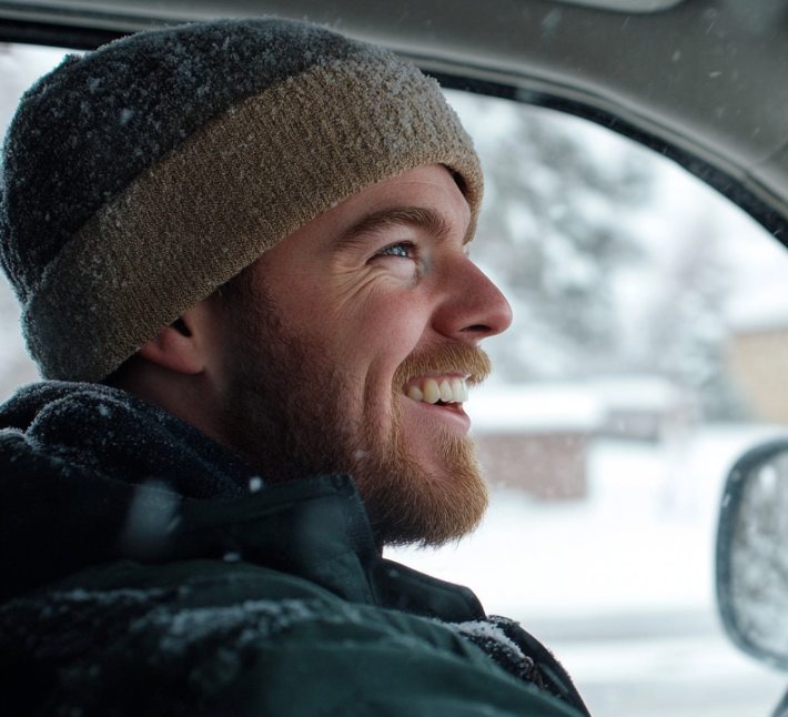 A man smiling while driving | Source: Midjourney