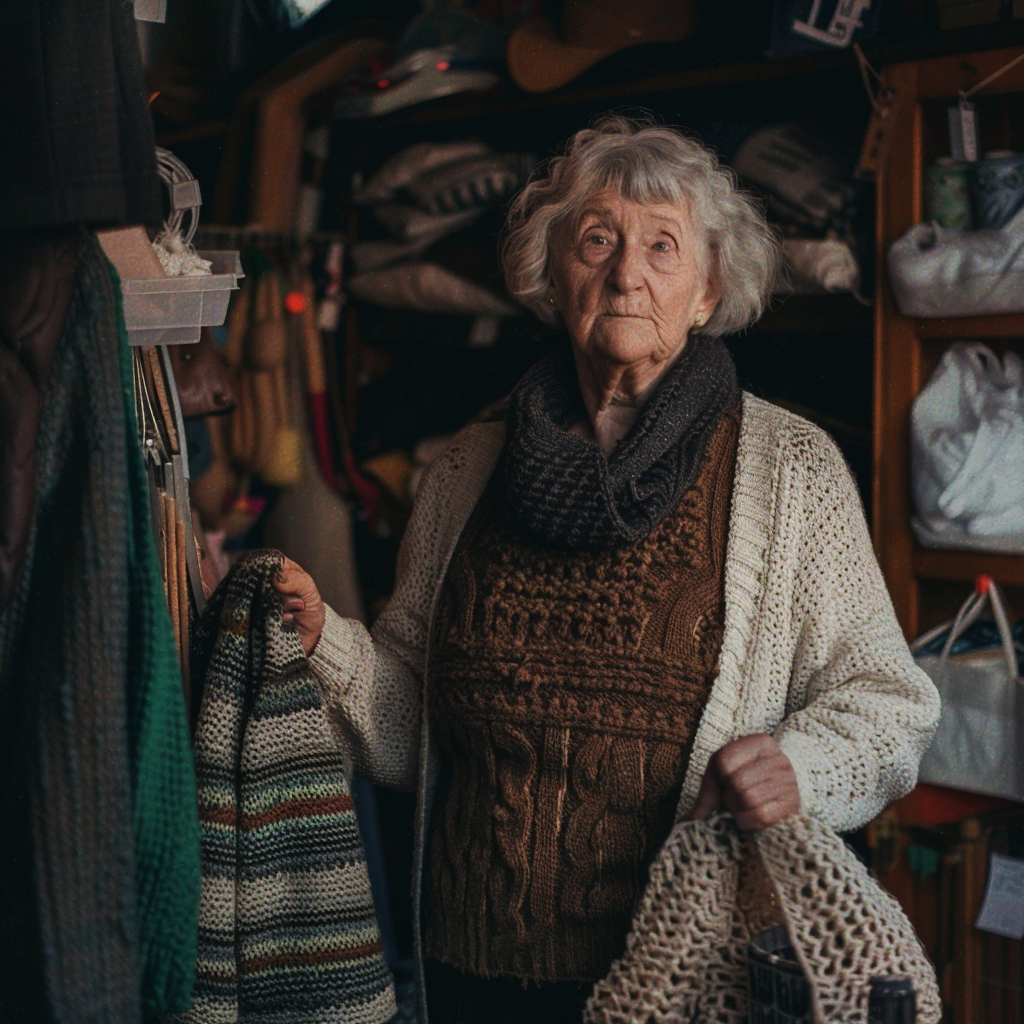 Une femme tenant des articles tricotés dans un magasin | Source : Midjourney