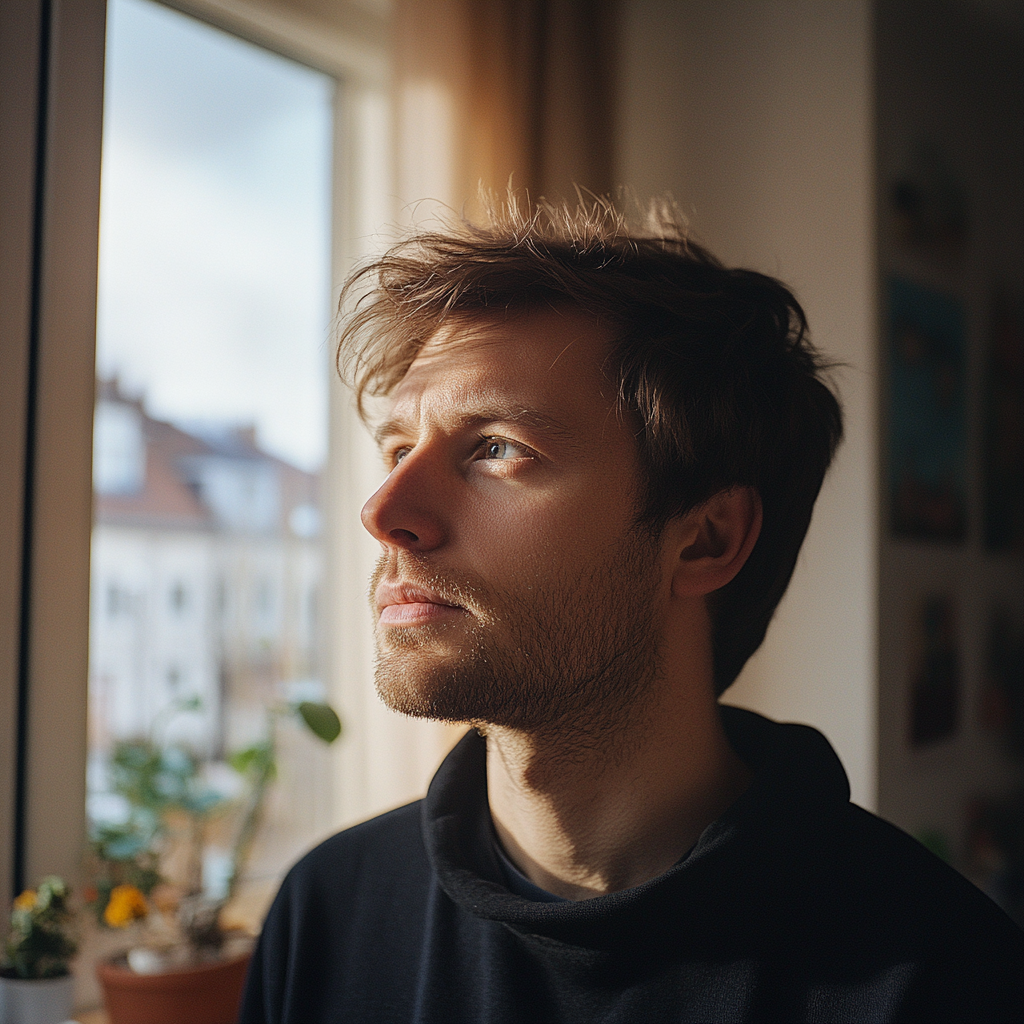 Un homme qui regarde à l'extérieur d'une fenêtre | Source : Midjourney