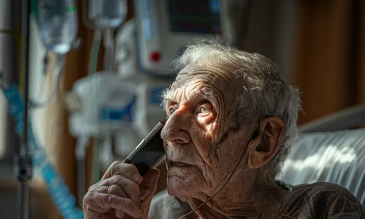 Un vieil homme dans un lit d'hôpital qui parle au téléphone portable | Source : Midjourney