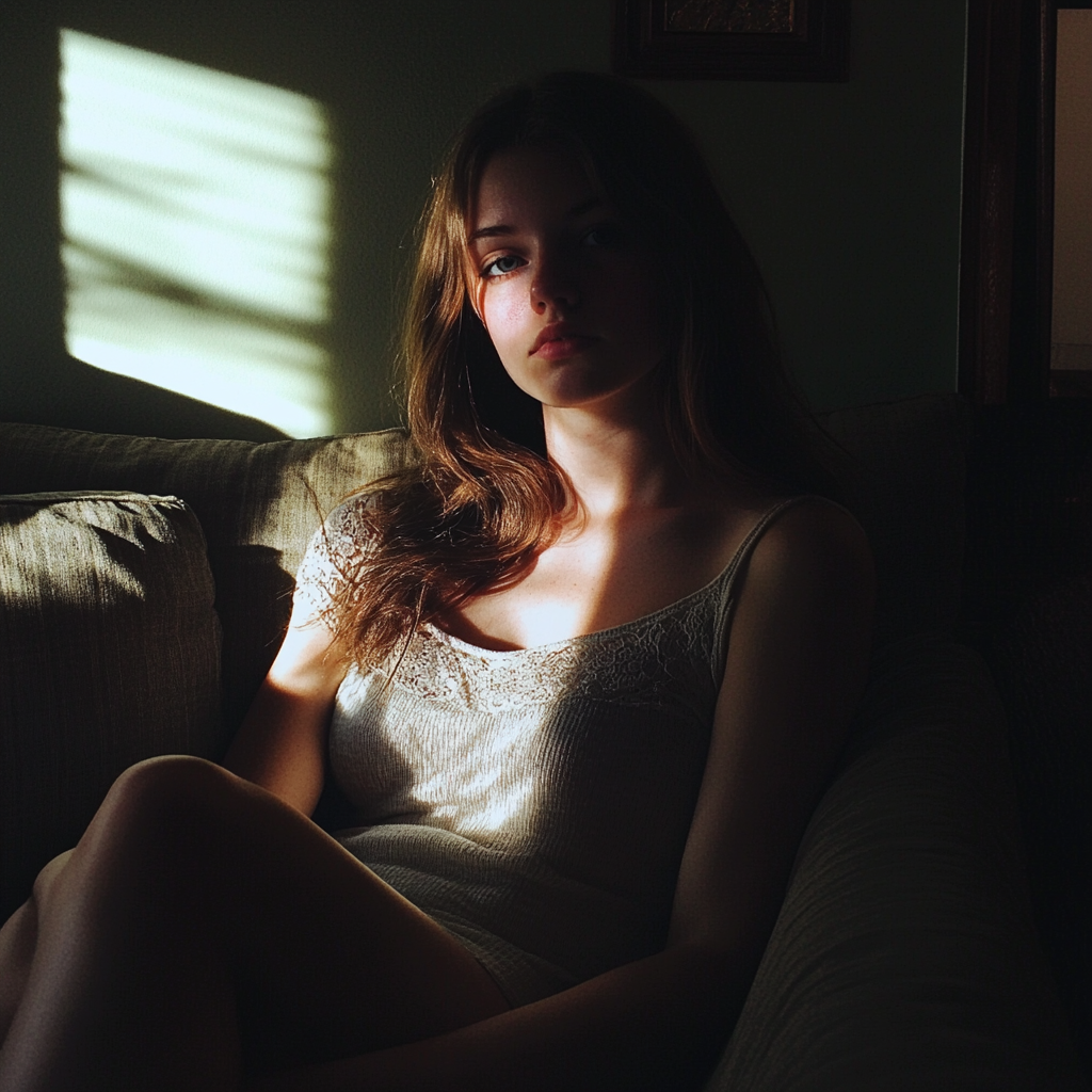 Une jeune femme assise sur un canapé la nuit | Source : Midjourney